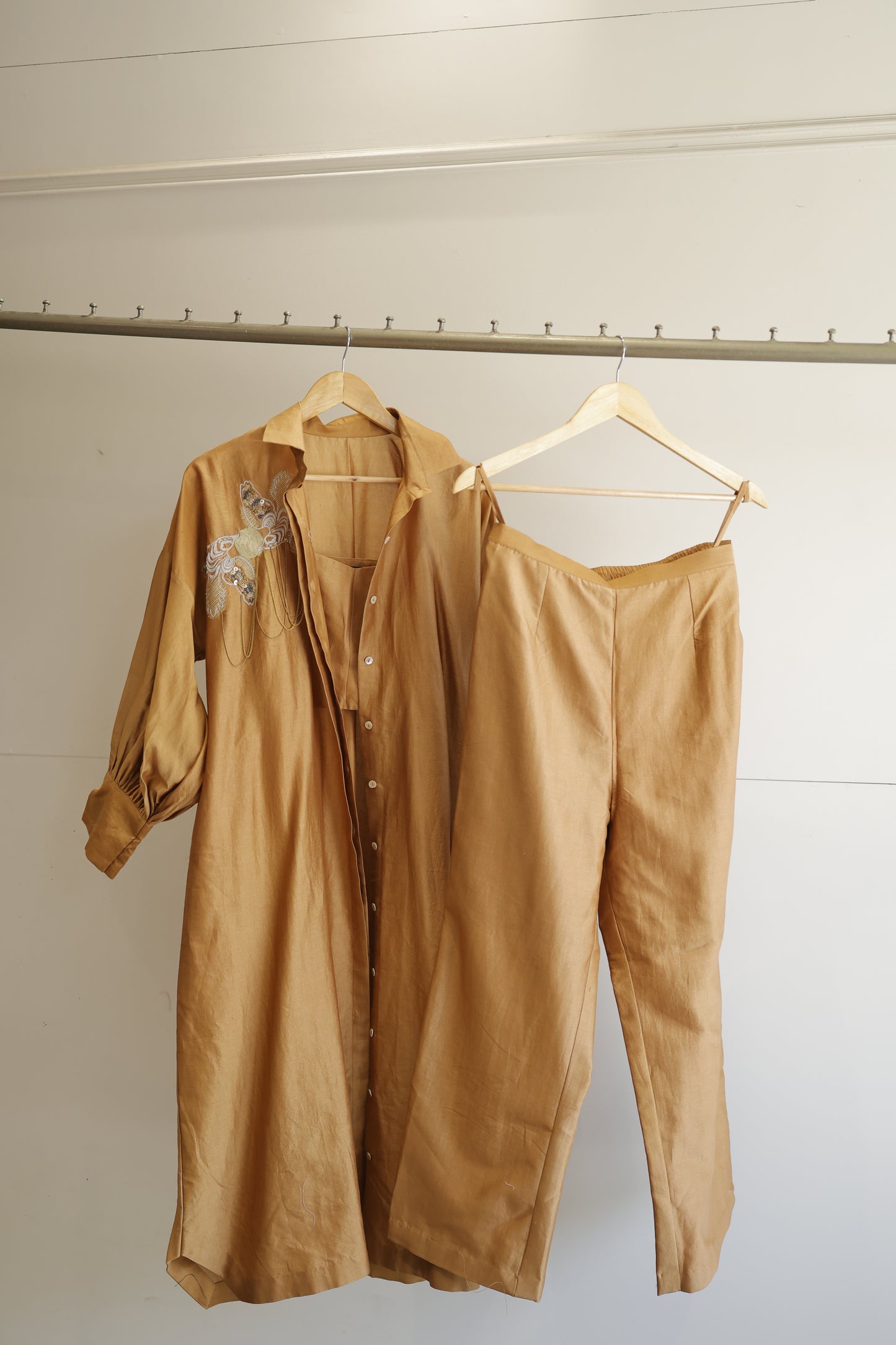 Tinka Silk Chanderi Long Kaftan Kurta Set - Camel