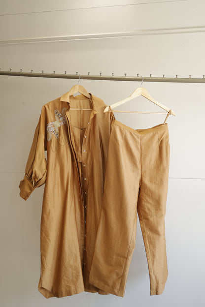 Tinka Silk Chanderi Long Kaftan Kurta Set - Camel