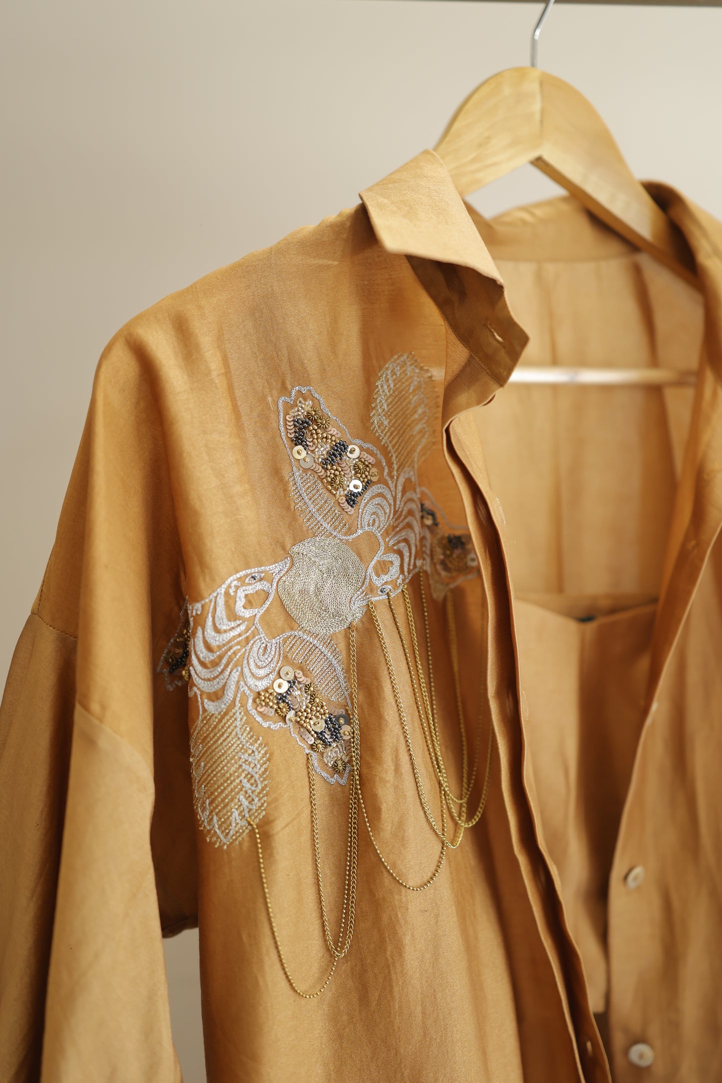 Tinka Silk Chanderi Long Kaftan Kurta Set - Camel