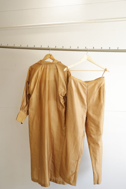 Tinka Silk Chanderi Long Kaftan Kurta Set - Camel