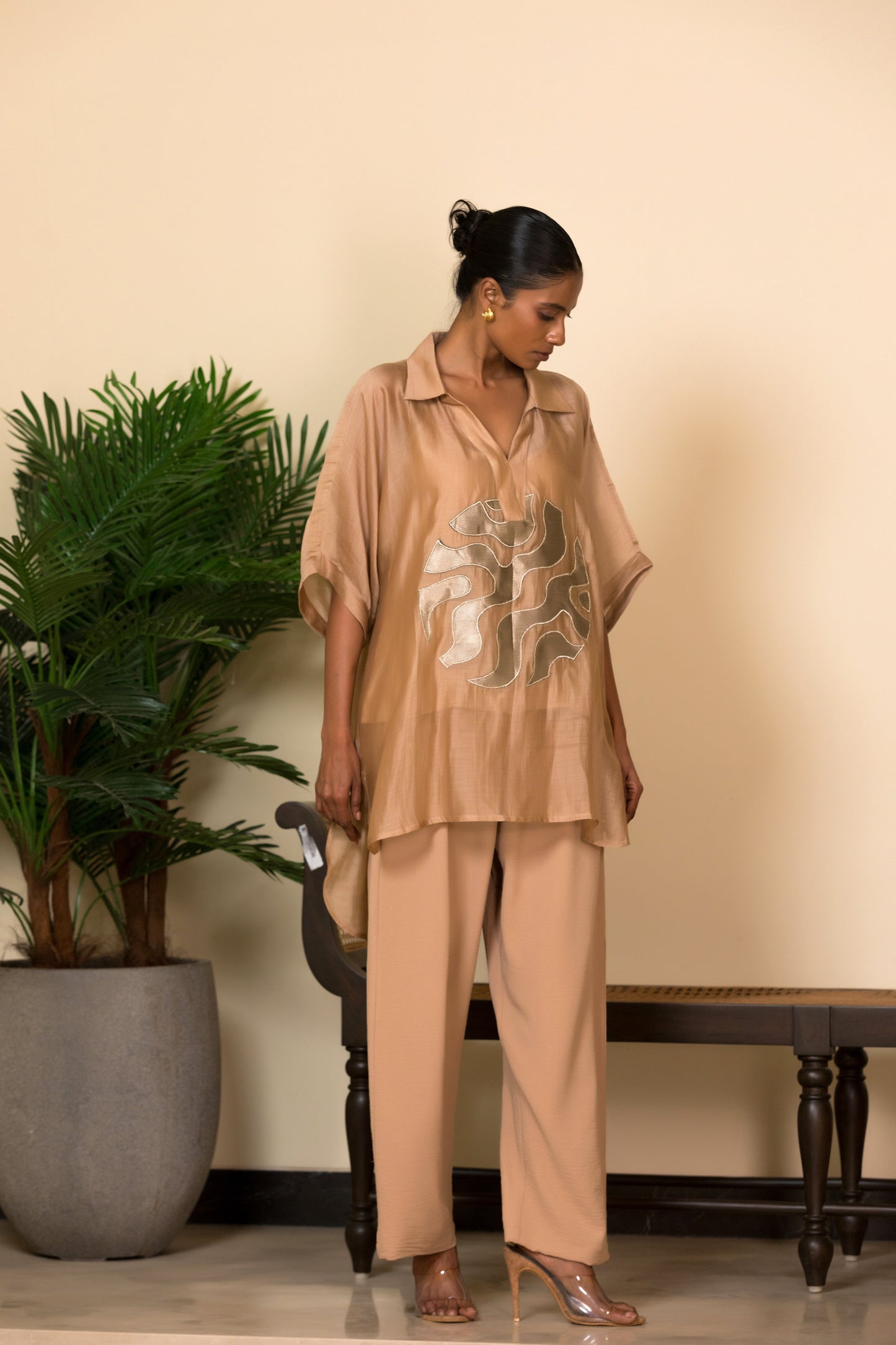 Designer light brown silk top in contemporary fit