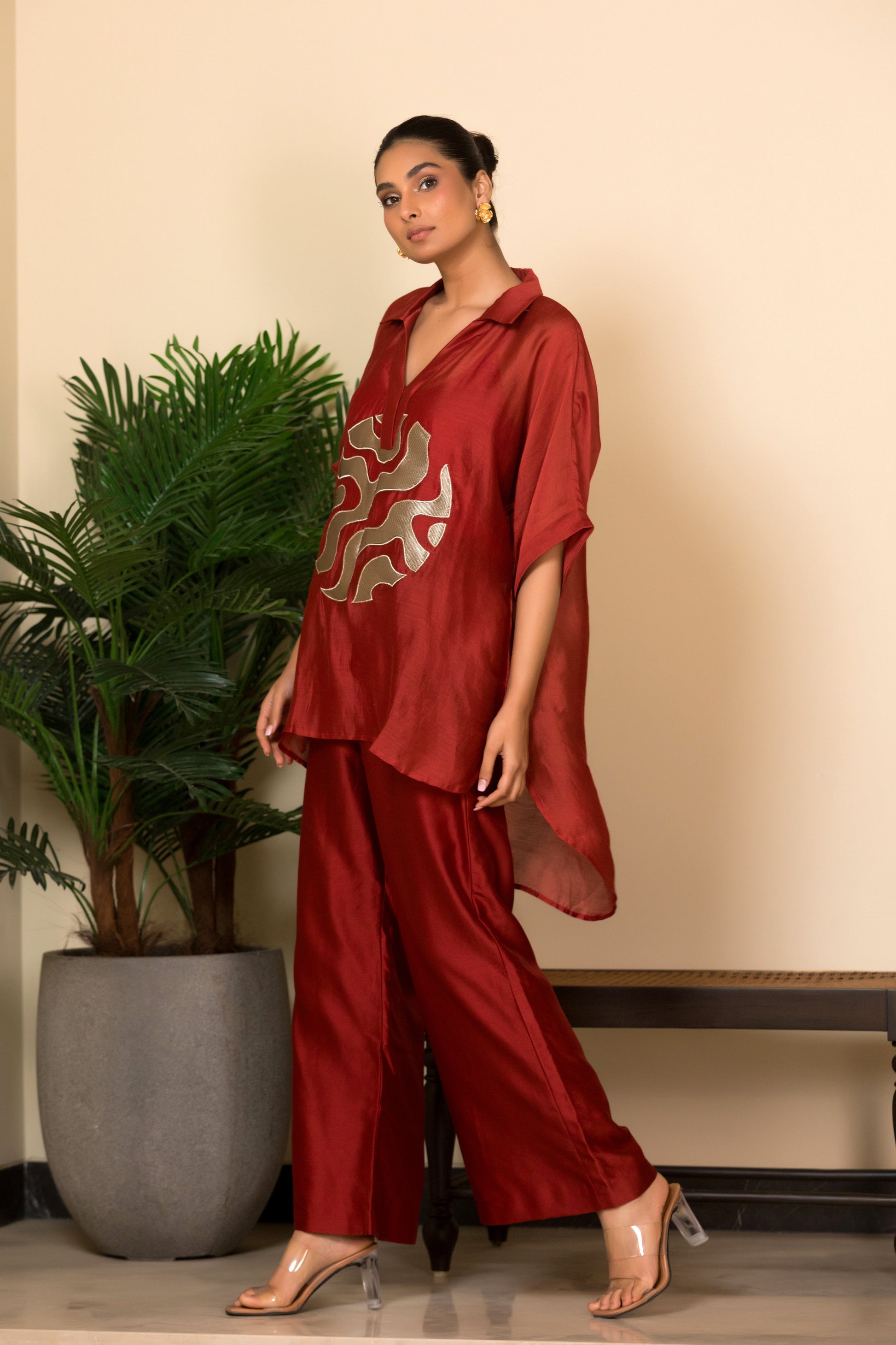 Maroon indo western coord set with gold patchwork by indian designer Eeda