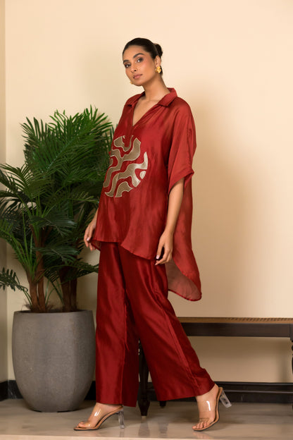 Maroon indo western coord set with gold patchwork by indian designer Eeda