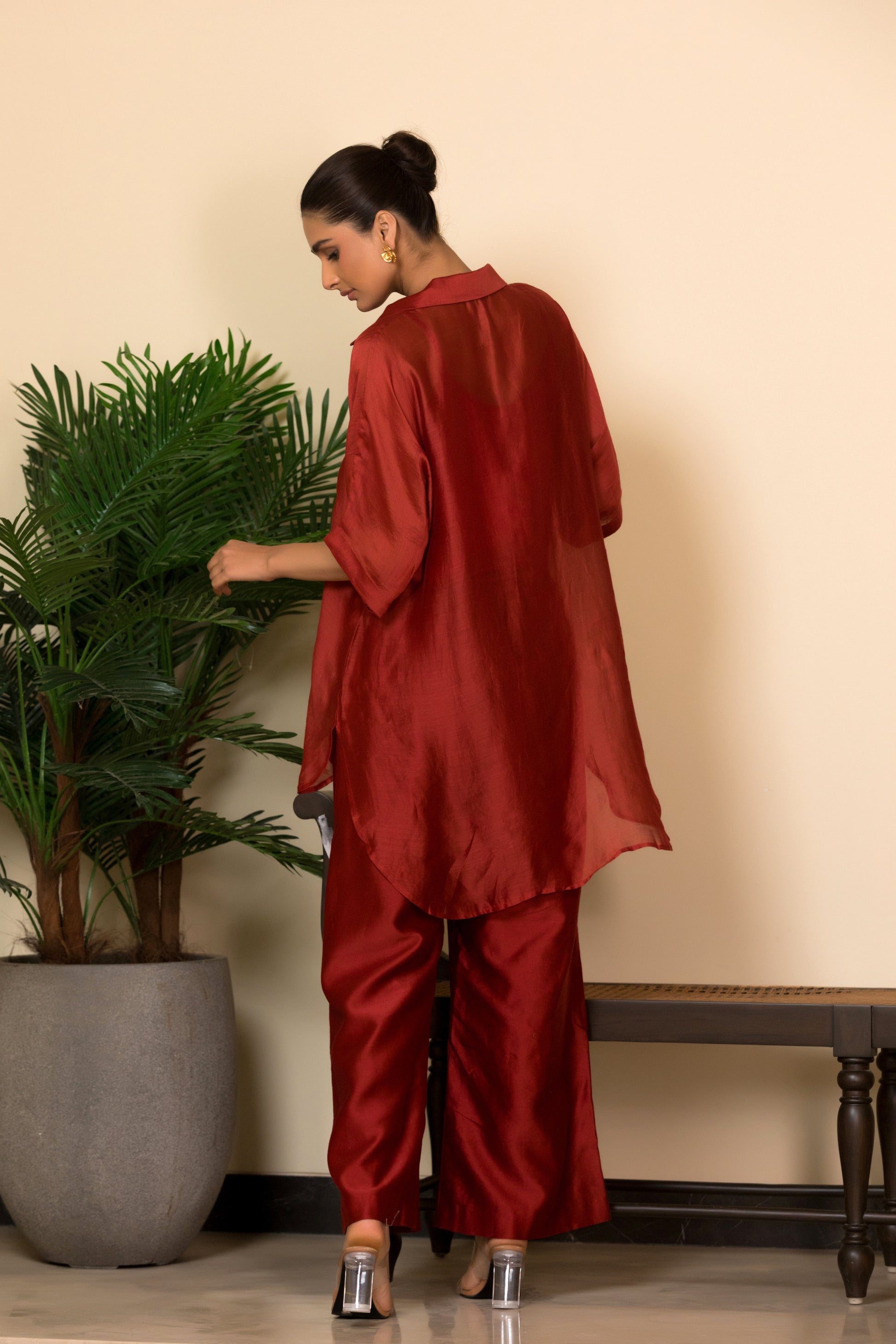 back view of oversized banarasi work top set 