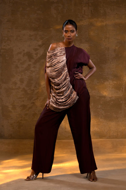 Agneya Silk One Shoulder Draped Set - DeepWine