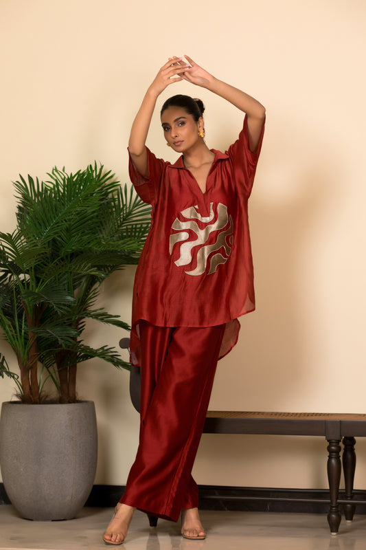 Relaxed fit silk shirt and pant set with handcrafted brocade patchwork, luxury Indian womenswear by EEDA