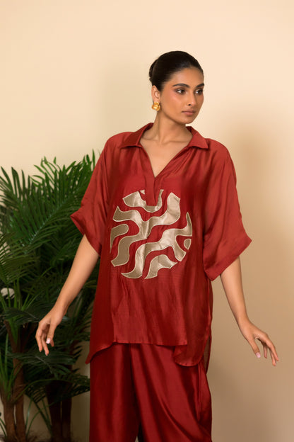 Maroon indo western coord set with gold patchwork by indian designer Eeda