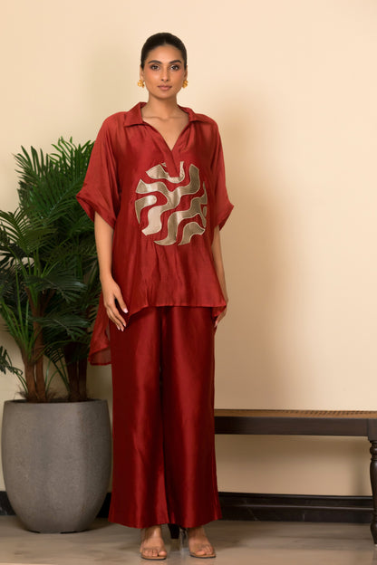 Maroon silk top set with gold patchwork for women