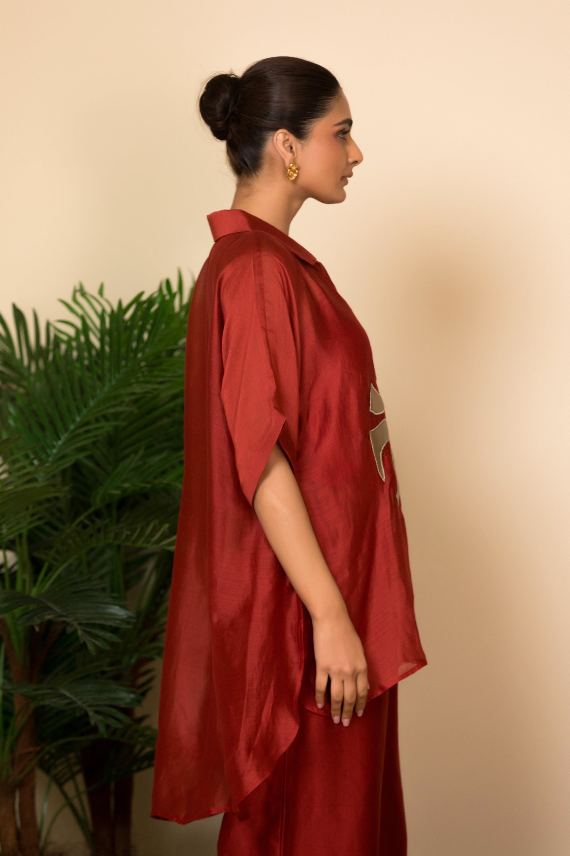 Designer Chanderi silk cord set for women in red, relaxed fit festive wear by EEDA