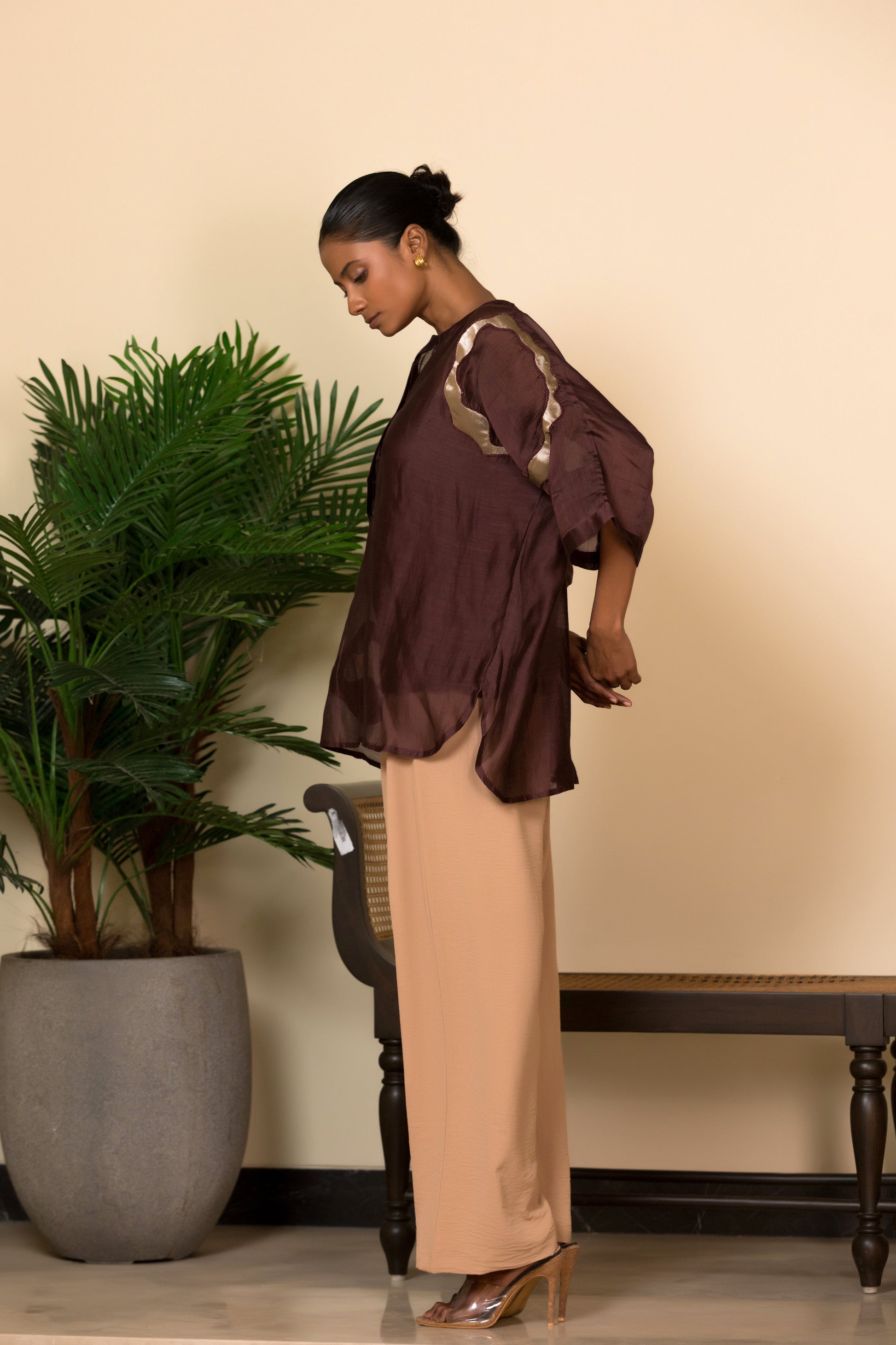 Indo Western shirt in silk with gold detailing for women, modern Indian designer wear