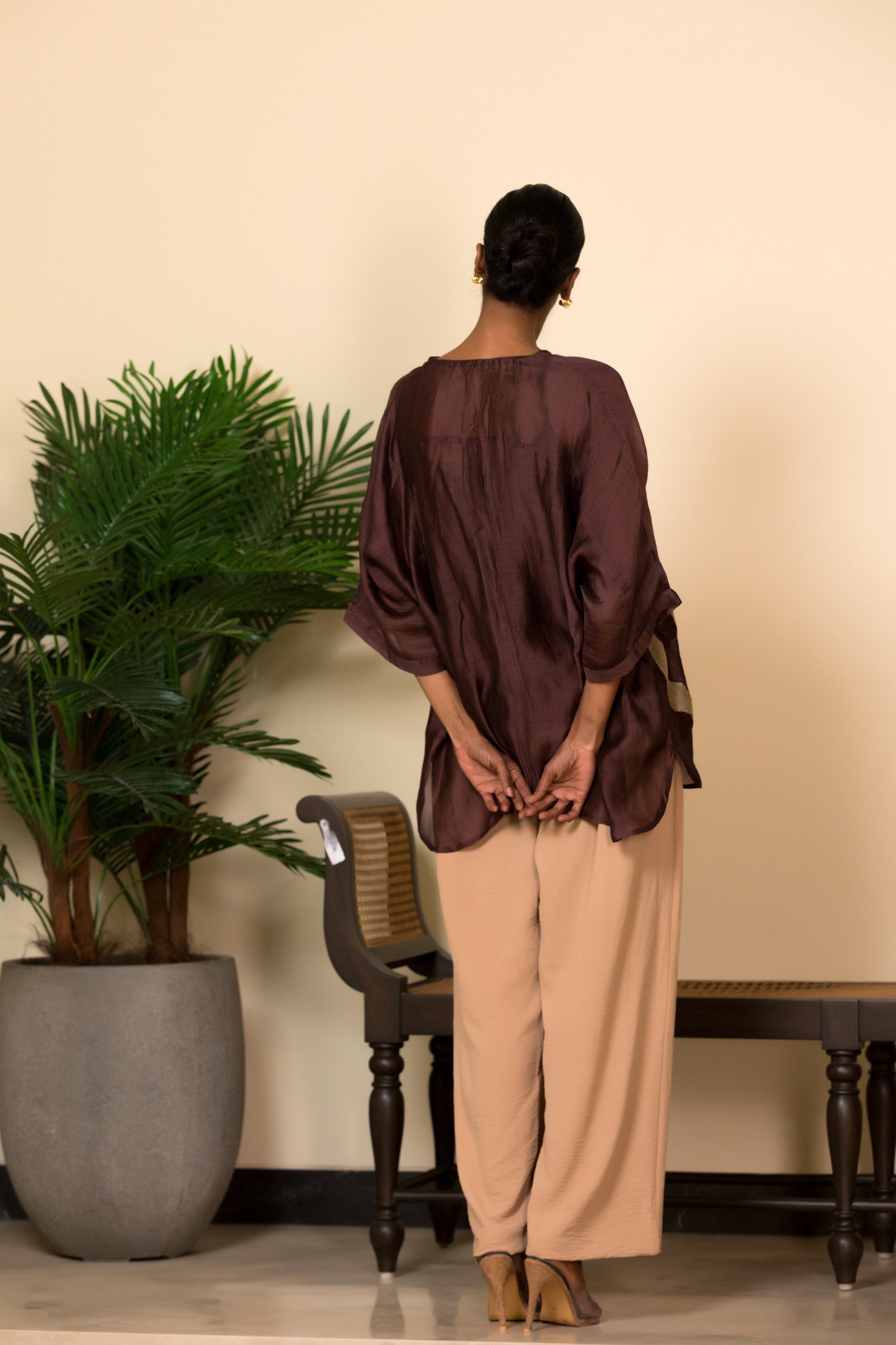 Indo Western oversized shirt in silk with gold detailing for women, designer wear india