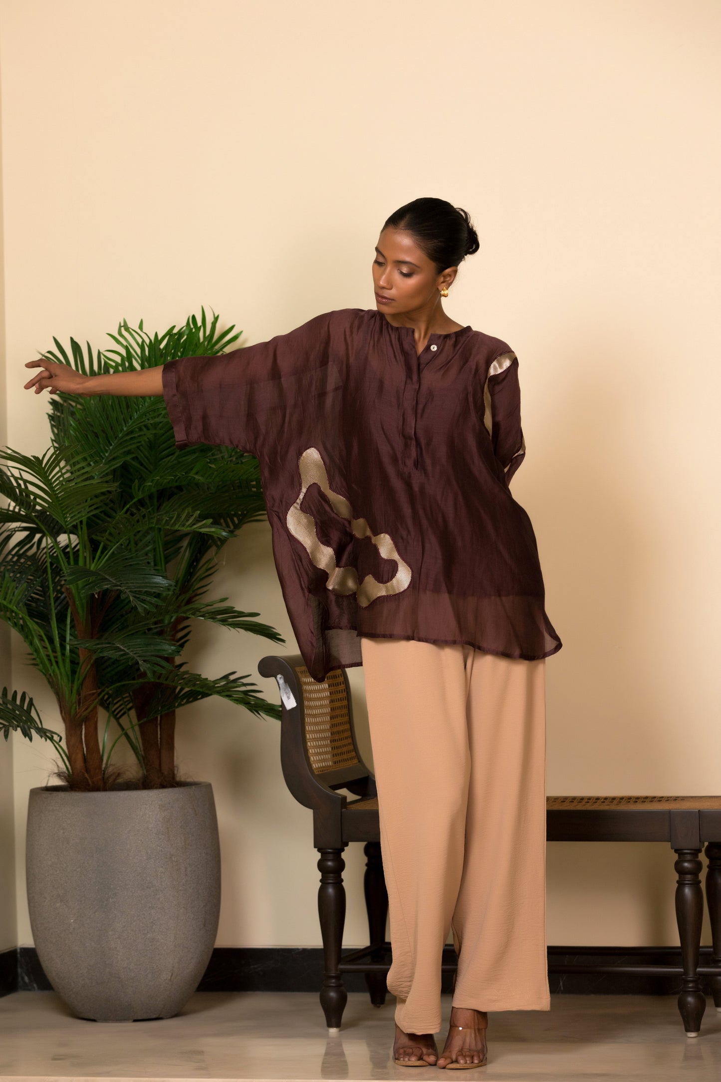 Designer brown silk top with asymmetrical patchwork for women, contemporary Indian designer wear