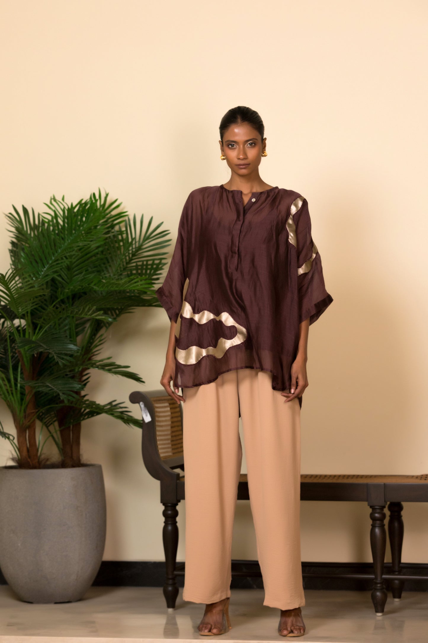 Luxury brown silk kaftan top with asymmetrical patchwork for women, contemporary Indian designer wear