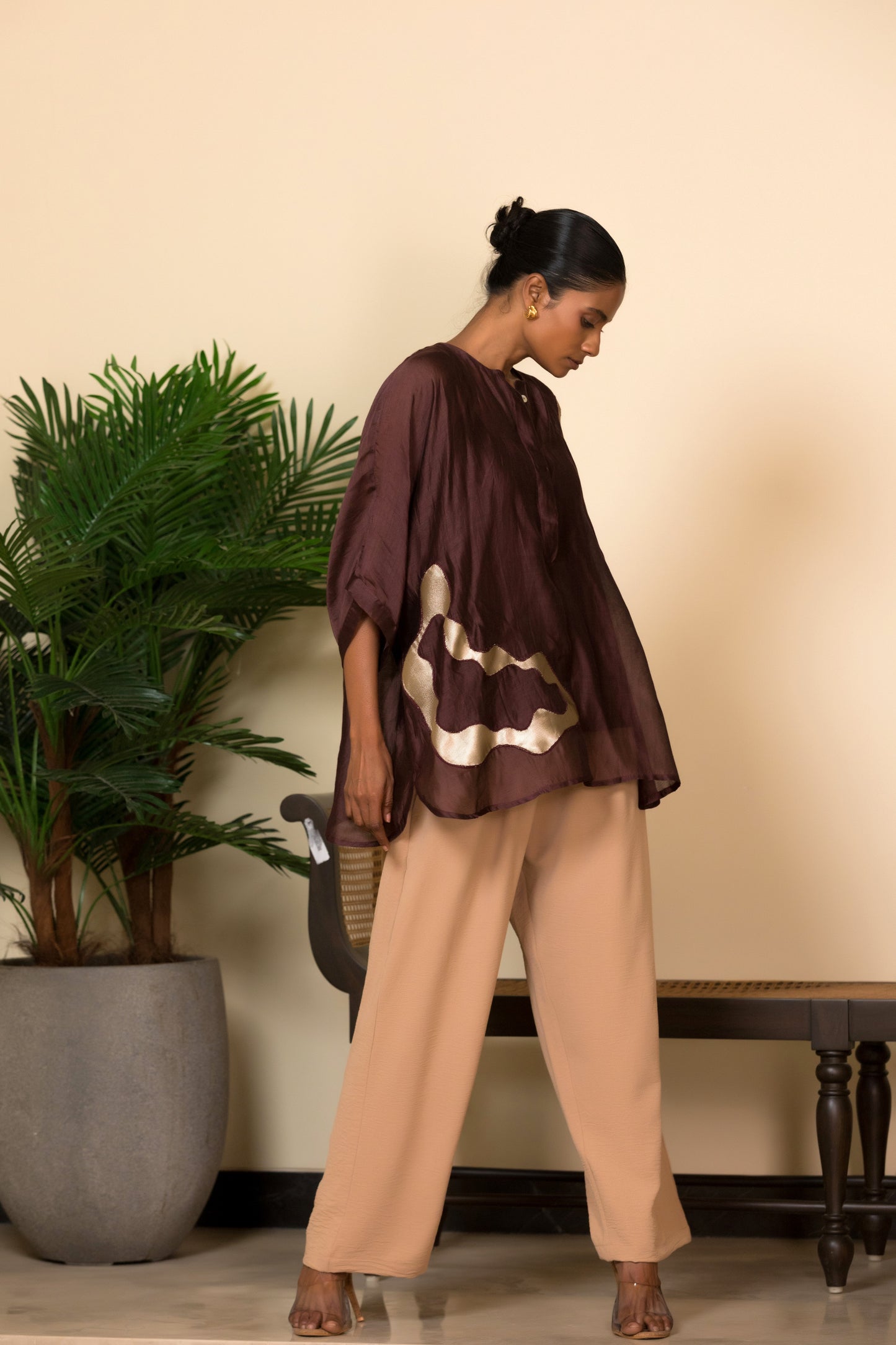 Relaxed Fit brown silk shirt with asymmetrical patchwork for women, contemporary Indian designer wear