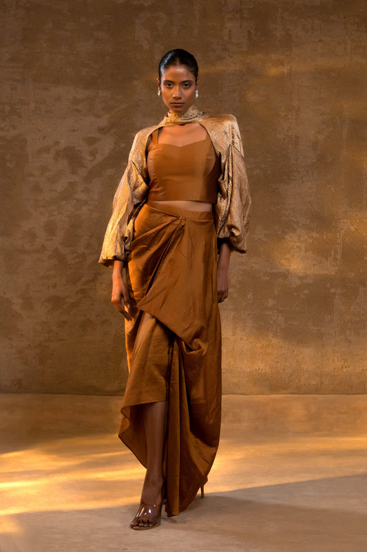 Agneya Silk Draped Skirt 3 Pcs Set - DarkAmber