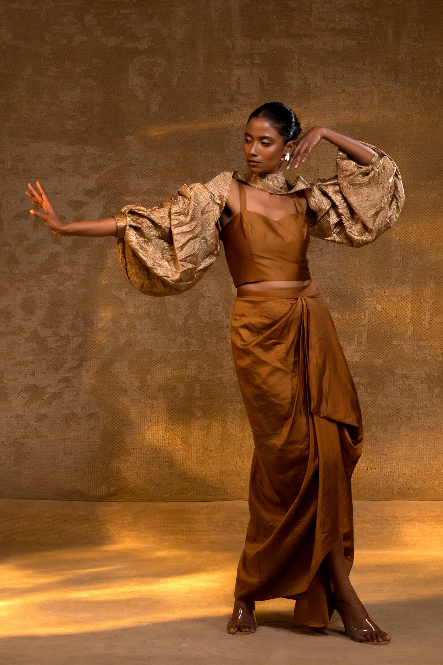 Agneya Silk Draped Skirt 3 Pcs Set - DarkAmber
