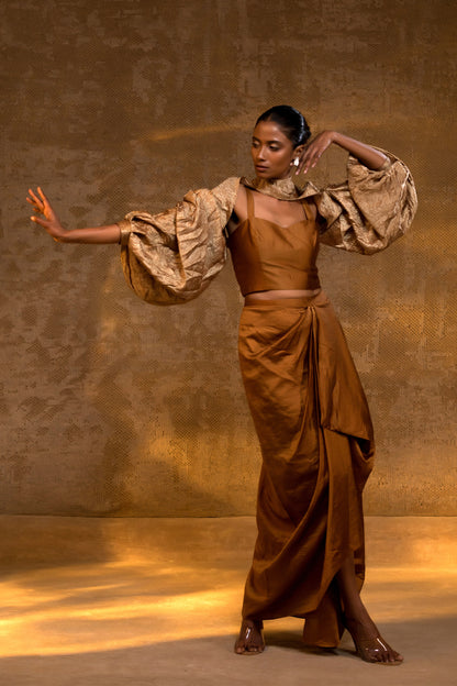 Agneya Silk Draped Skirt 3 Pcs Set - DarkAmber
