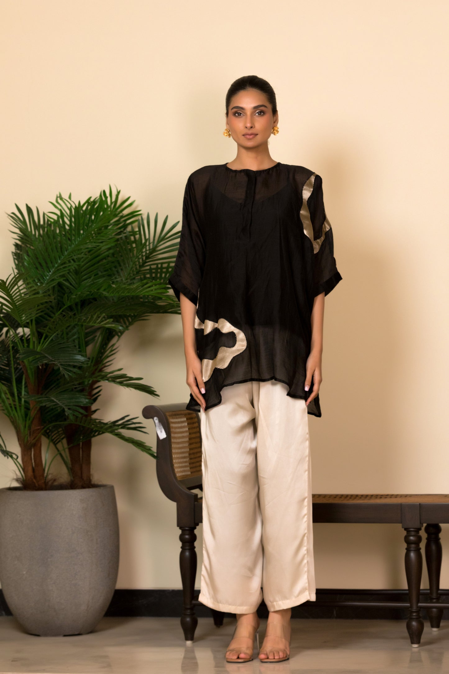 Black Silk Shirt Kurta with gold detailing