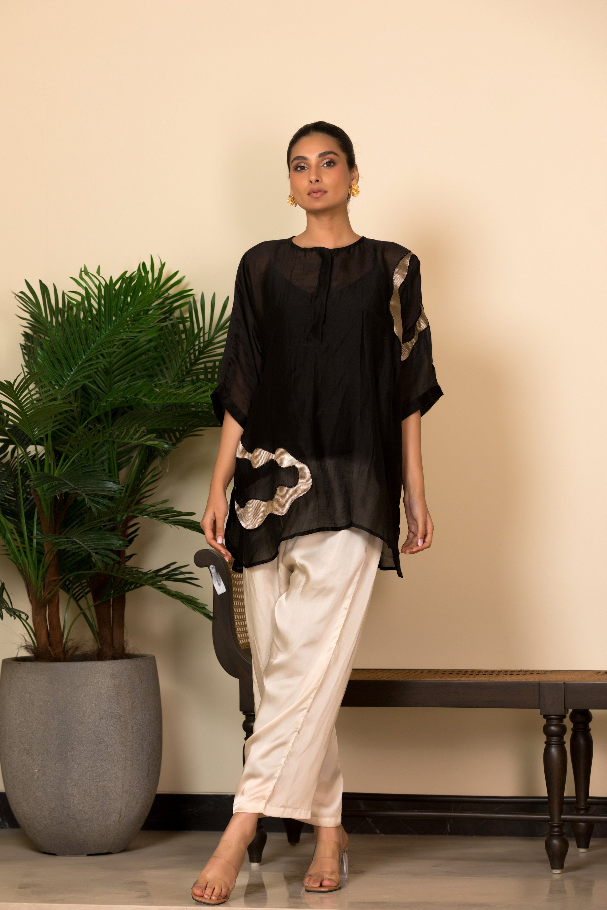 Black Silk Shirt with Asymmetrical Patchwork
