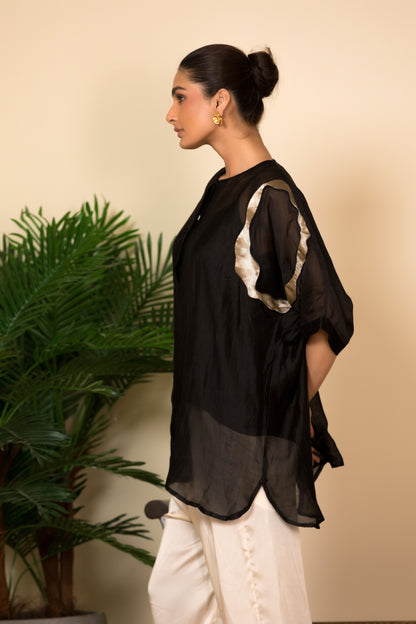 Black Silk Kaftan Shirt with gold detailing