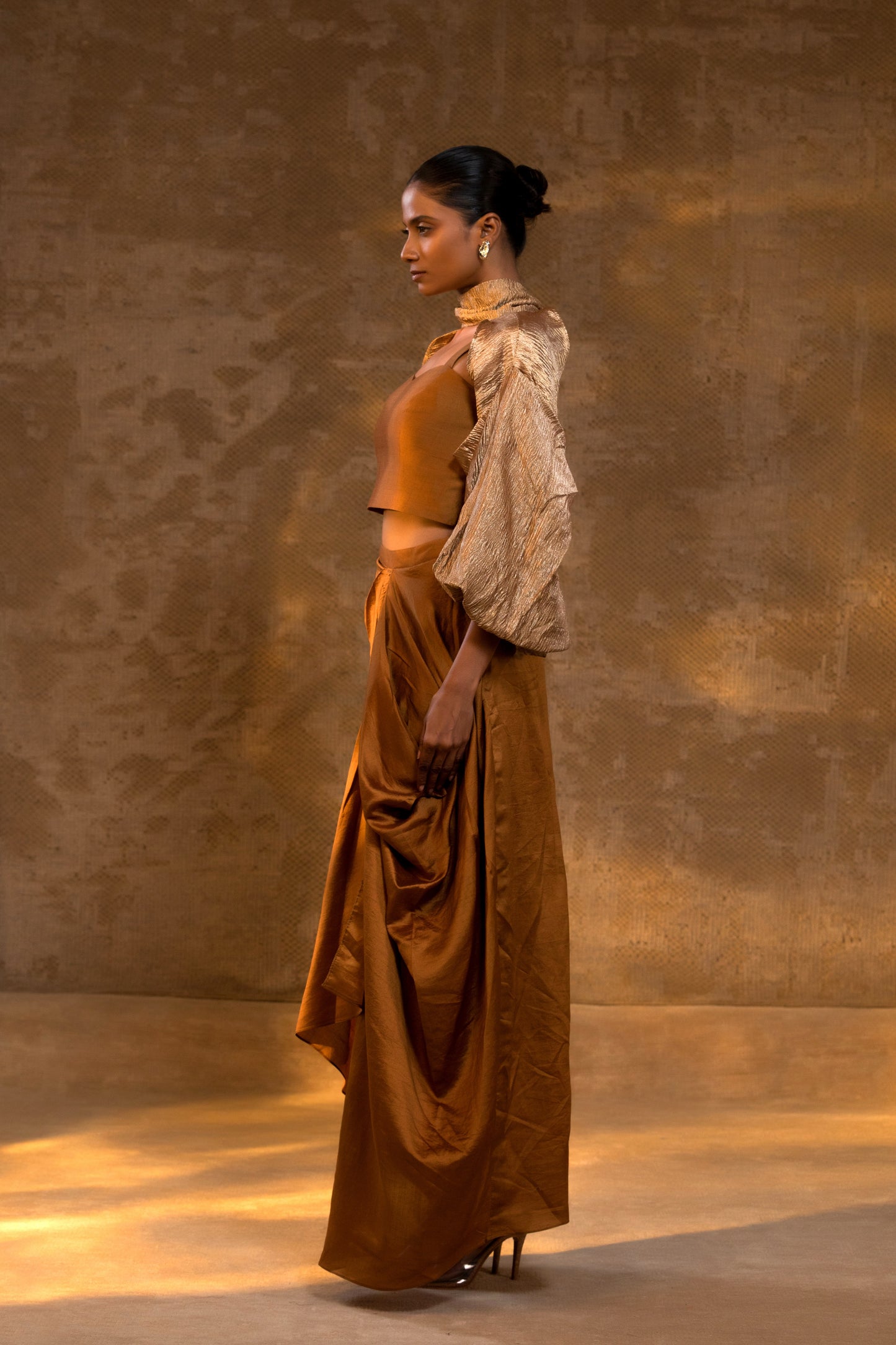 Agneya Silk Draped Skirt 3 Pcs Set - DarkAmber