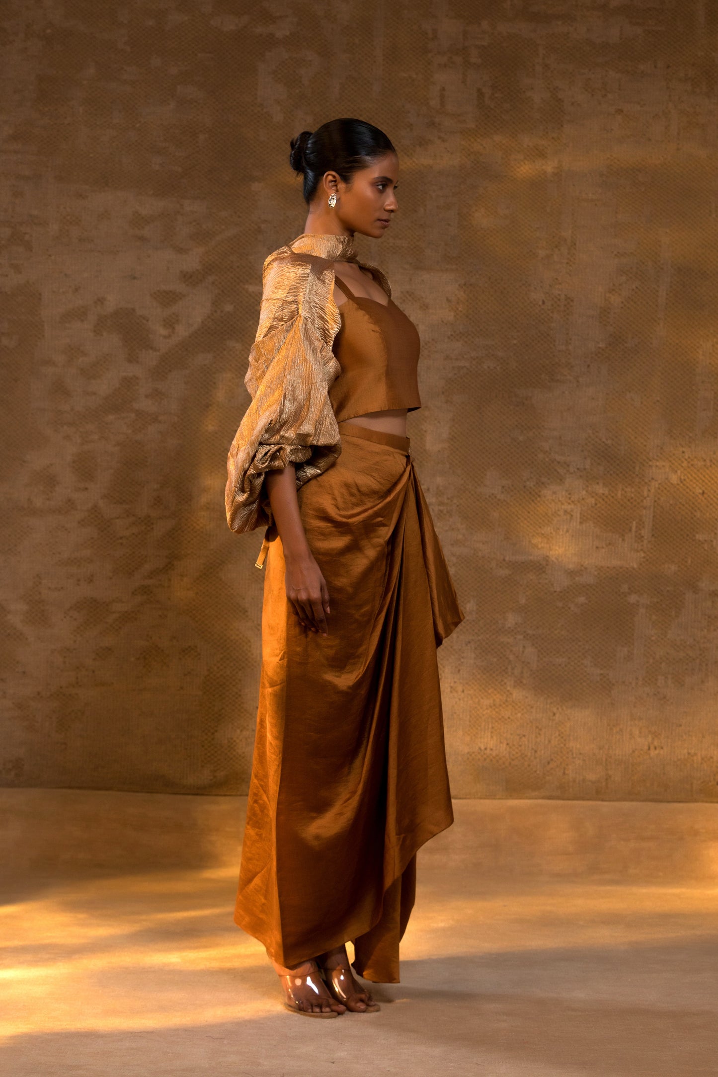 Agneya Silk Draped Skirt 3 Pcs Set - DarkAmber
