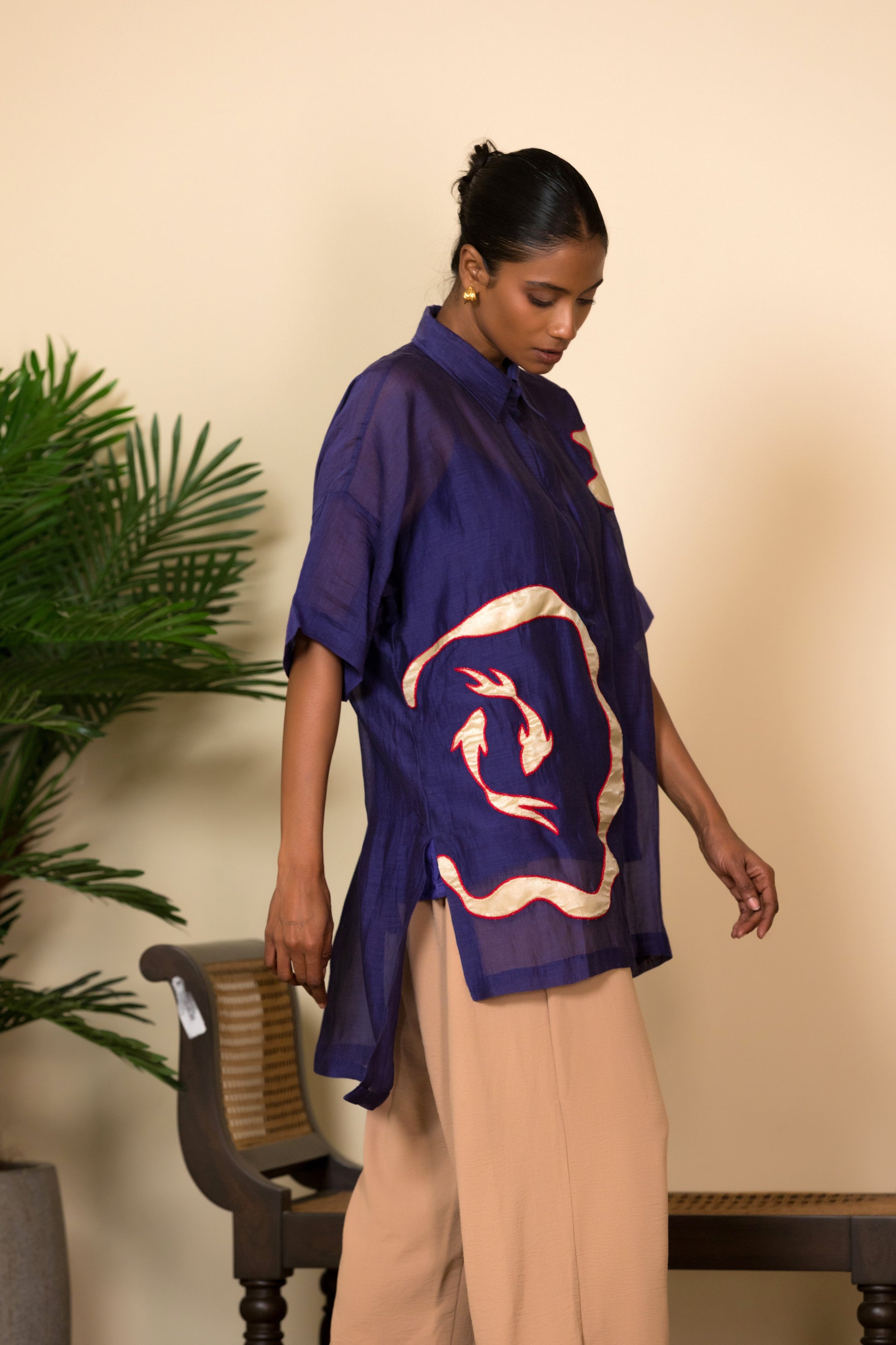 Eeda Silk Shirt with Loose Fit- Indigo