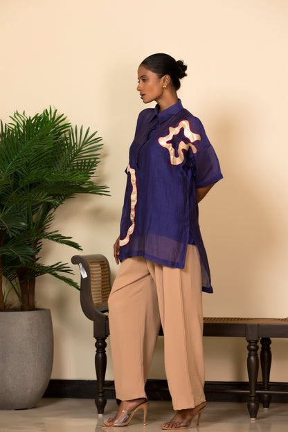 Eeda long Silk Kaftan Shirt in blue color