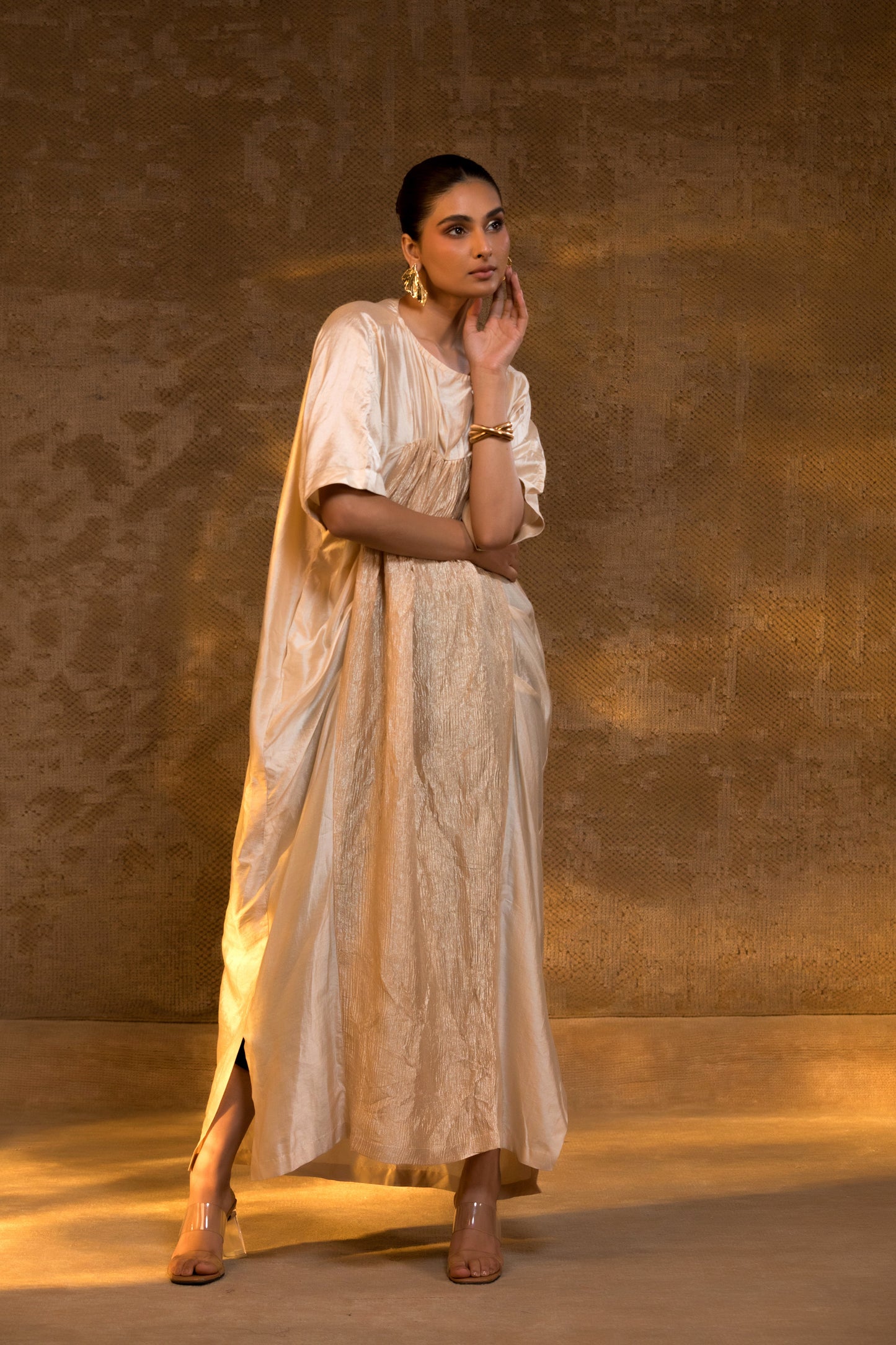 Agneya Silk & Crushed Tissue Kaftan Dress - Ivory