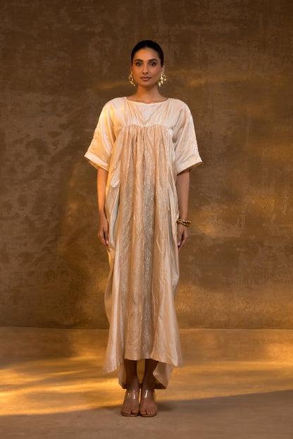 Ivory silk kaftan with crushed tissue detailing by EEDA