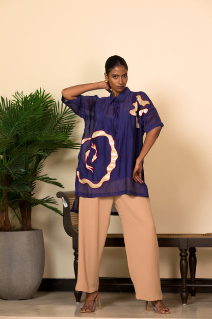 Eeda Silk Kaftan Shirt with gold patch in blue color