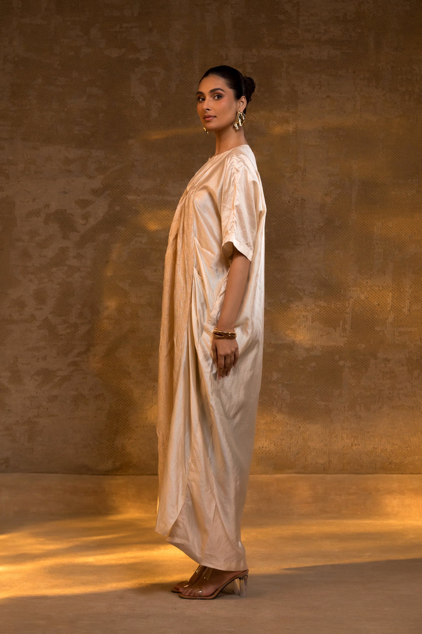 Agneya Silk & Crushed Tissue Kaftan Dress - Ivory