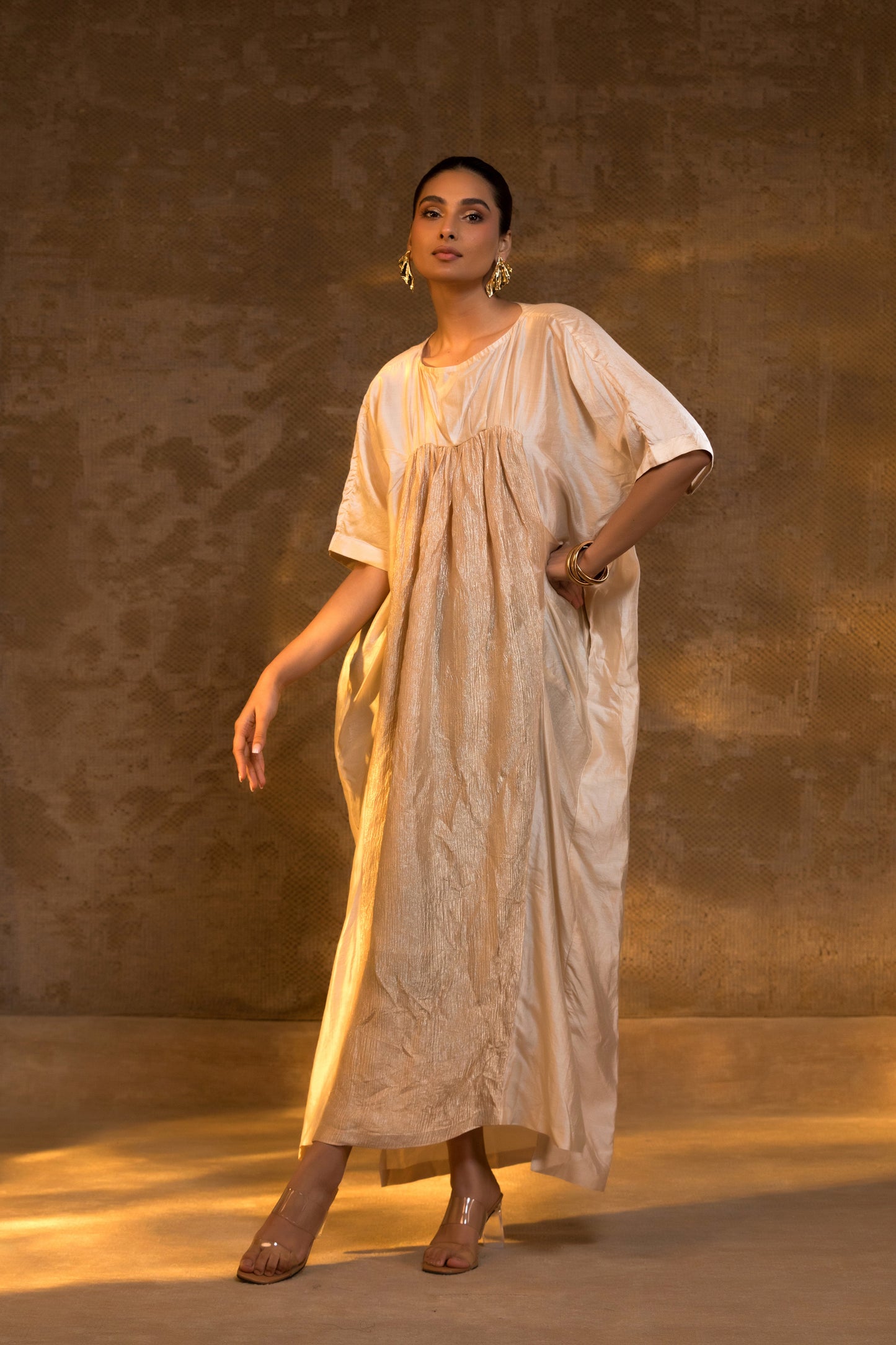 Agneya Silk & Crushed Tissue Kaftan Dress - Ivory