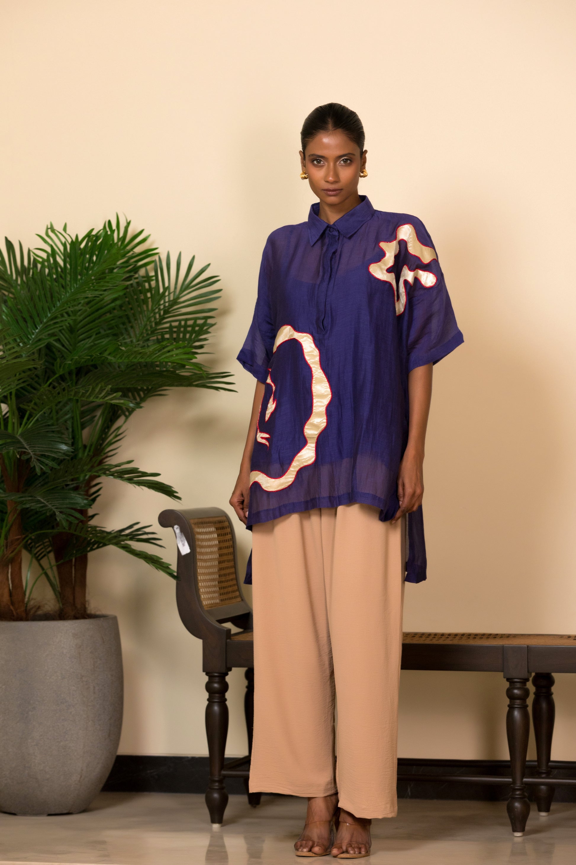 Eeda Silk Shirt with Asymmetrical Patchwork - Indigo