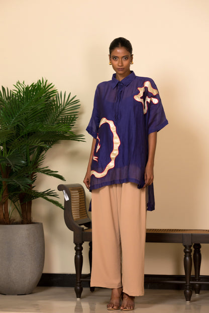 Eeda Silk Shirt with Asymmetrical Patchwork - Indigo