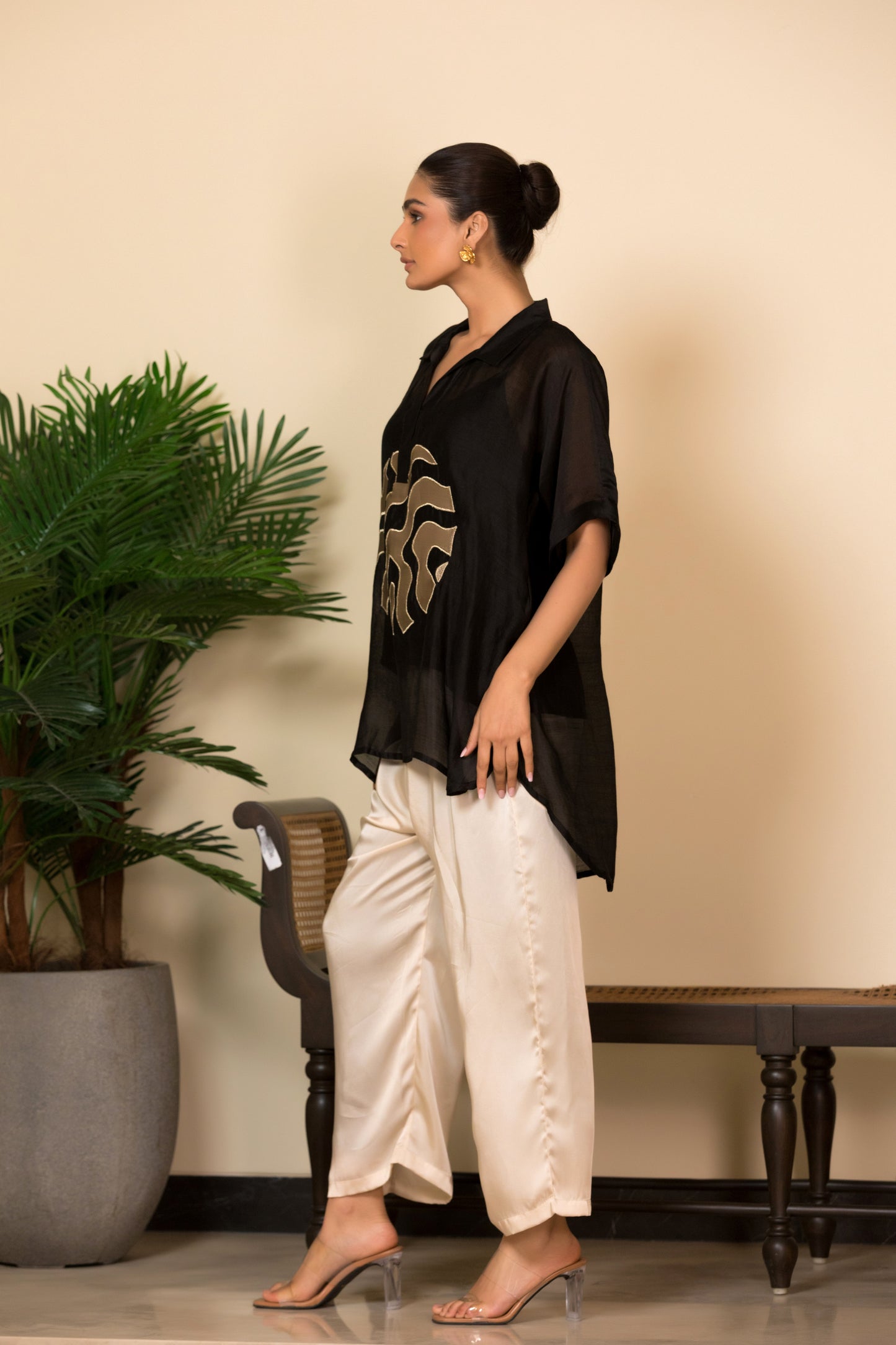 Online Black silk shirt with gold work for women, with quick delivery