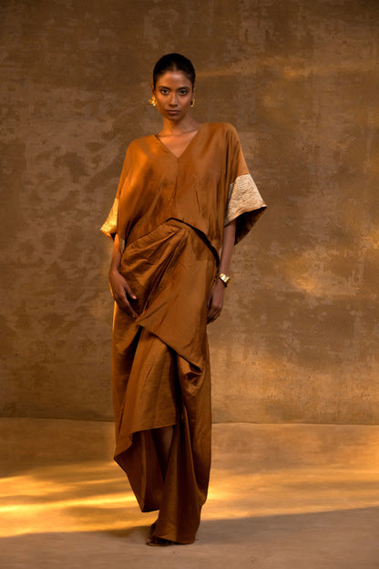 Elegant Deep Amber Silk Draped Skirt Set