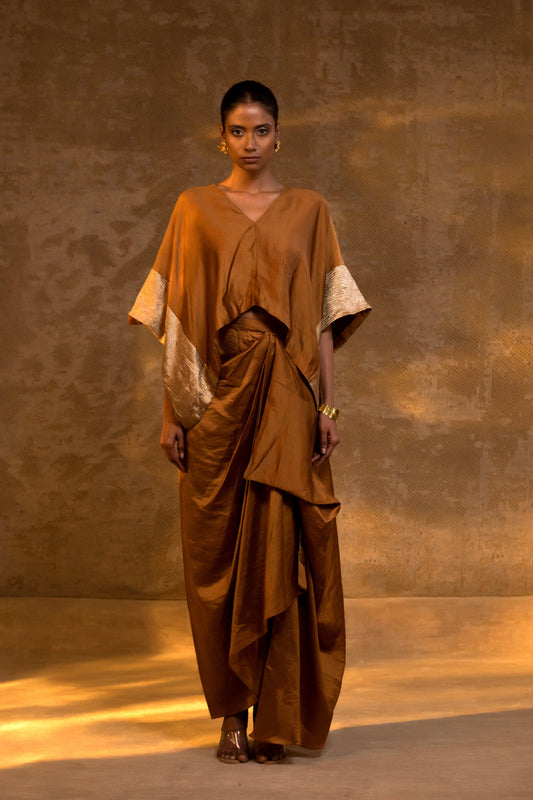 Agneya Silk Draped Skirt Set - DarkAmber