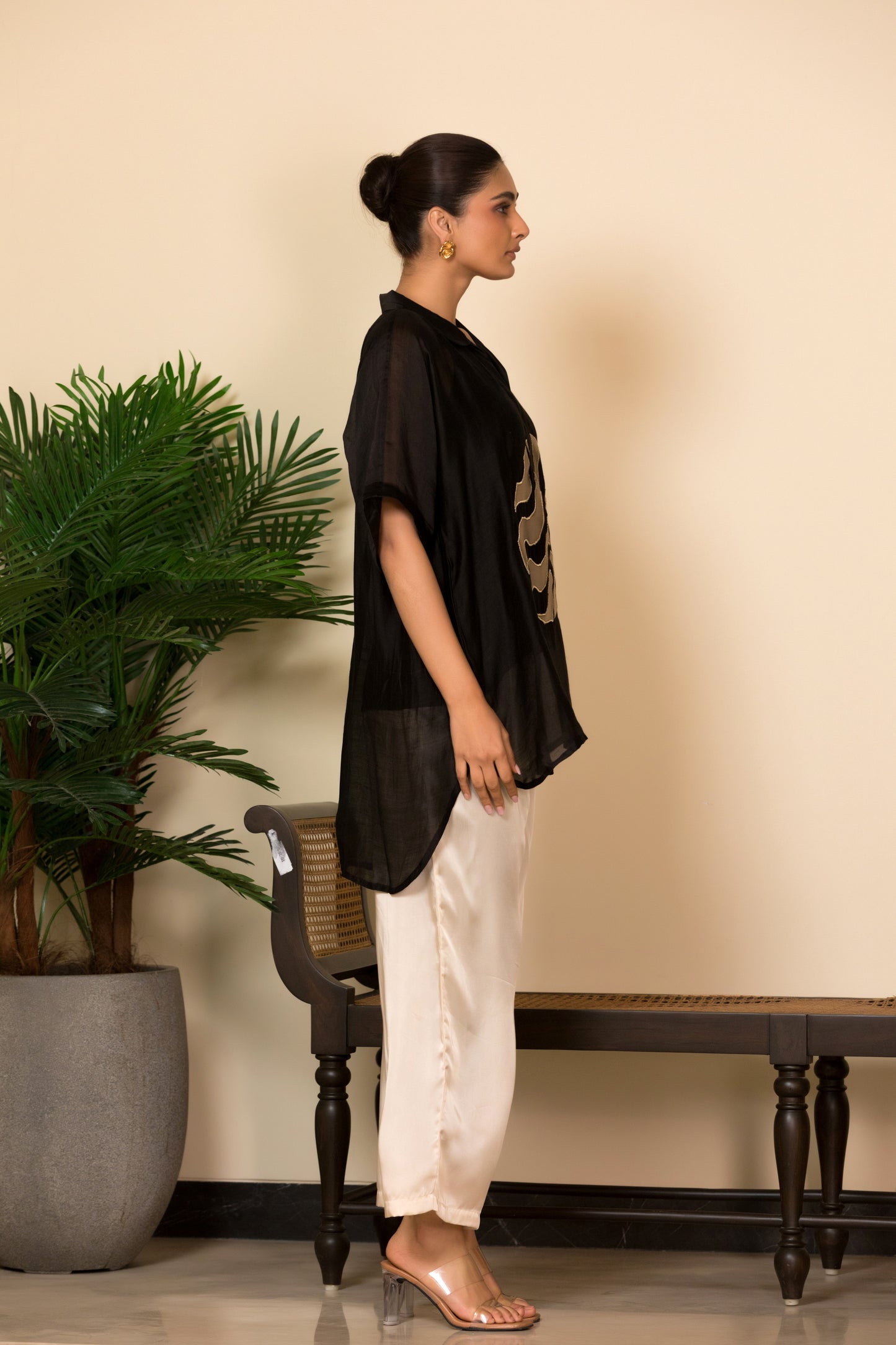 Black Kaftan shirt with patch detailing for women, Indo western designer wear