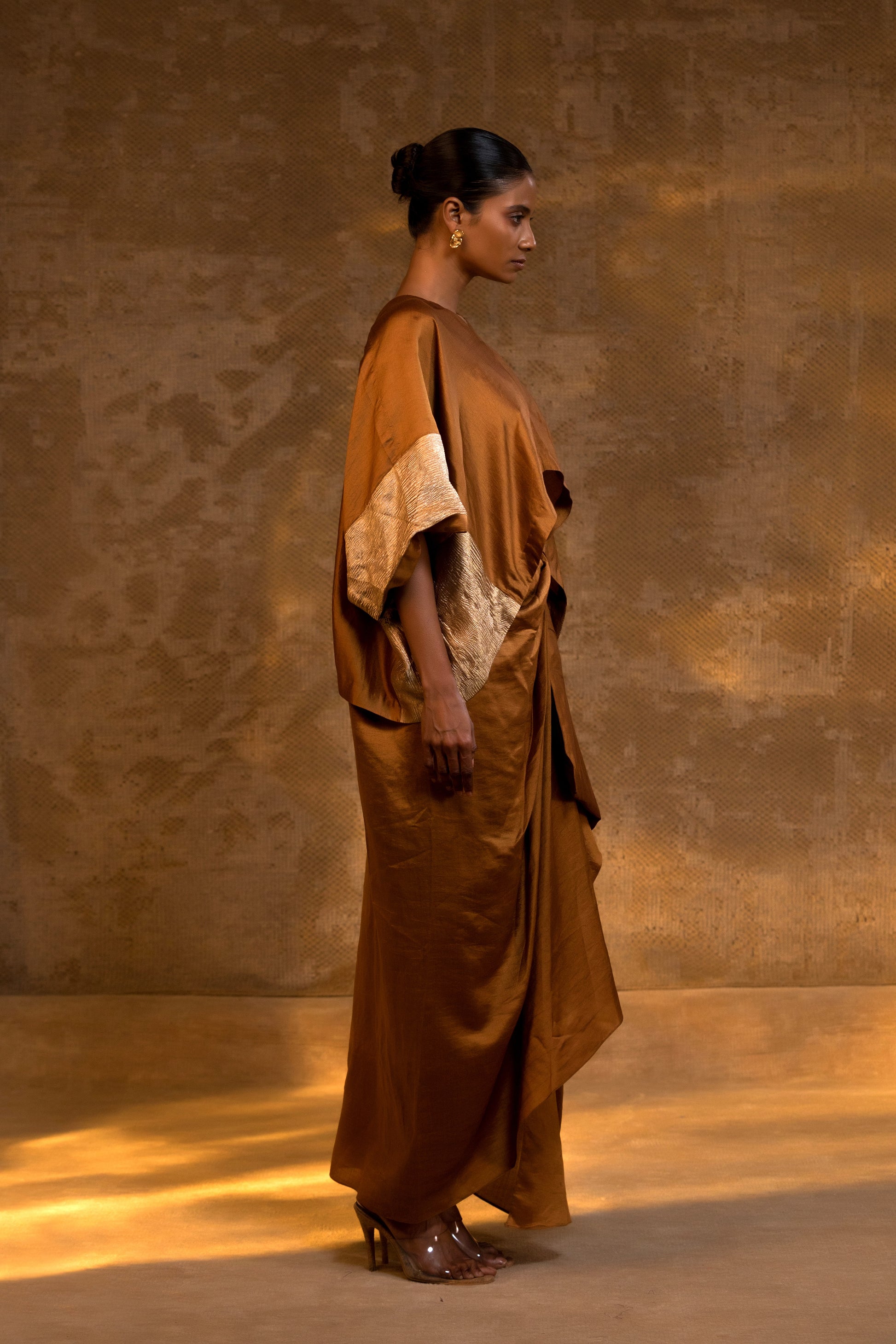 Back View of Agneya Silk Draped Skirt Set