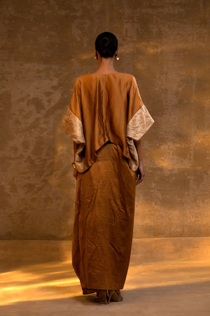 Back View of Eeda Silk Draped Skirt Set