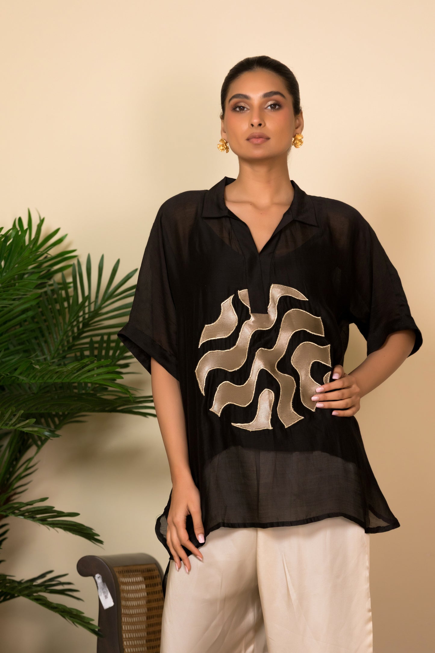 banarasi Black loose shirt with patch detailing for women, Indian modern designer wear