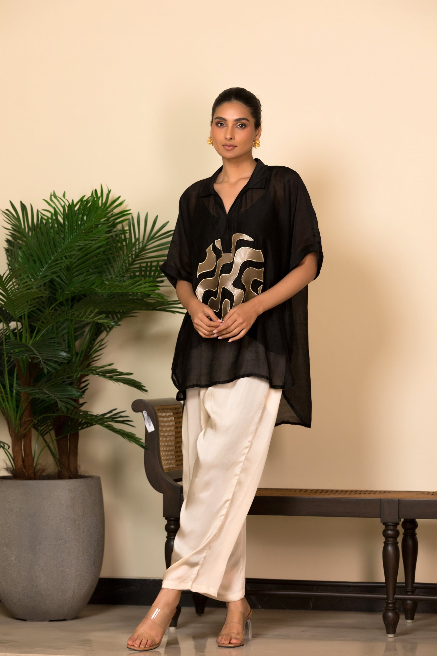 Black silk shirt with patch detailing for women, elegant Indian designer wear