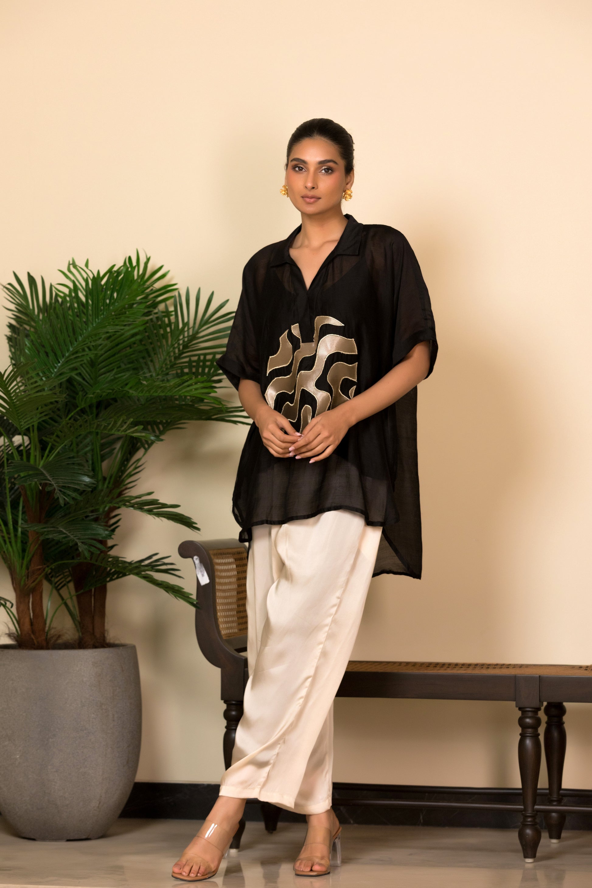 Black silk shirt with patch detailing for women, elegant Indian designer wear