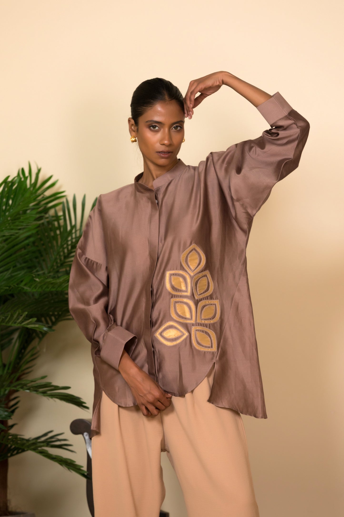 Eeda Silk Shirt with Gold Brocade Applique - Mauve