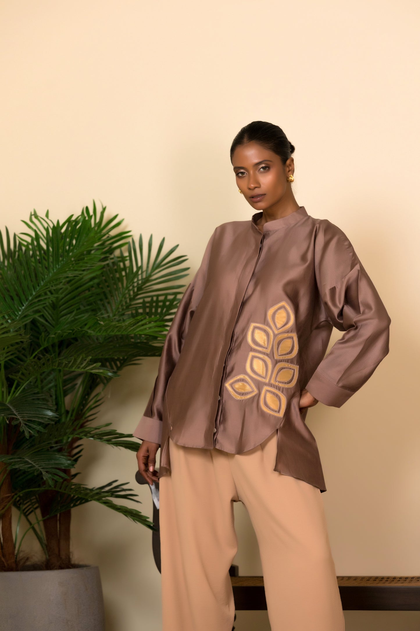 Eeda Silk Shirt with Gold Brocade Applique - Mauve