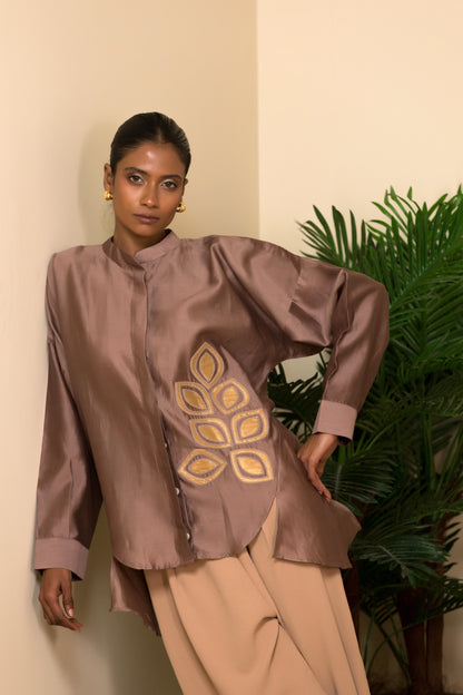 Chanderi silk designer shirt with gold brocade applique for festive and formal wear, handcrafted Indian luxury clothing