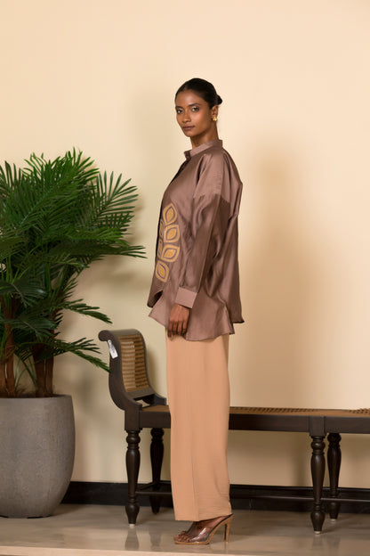 Eeda Silk Shirt with Gold Brocade Applique - Mauve