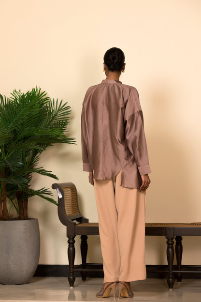 Eeda Silk Shirt with Gold Brocade Applique - Mauve