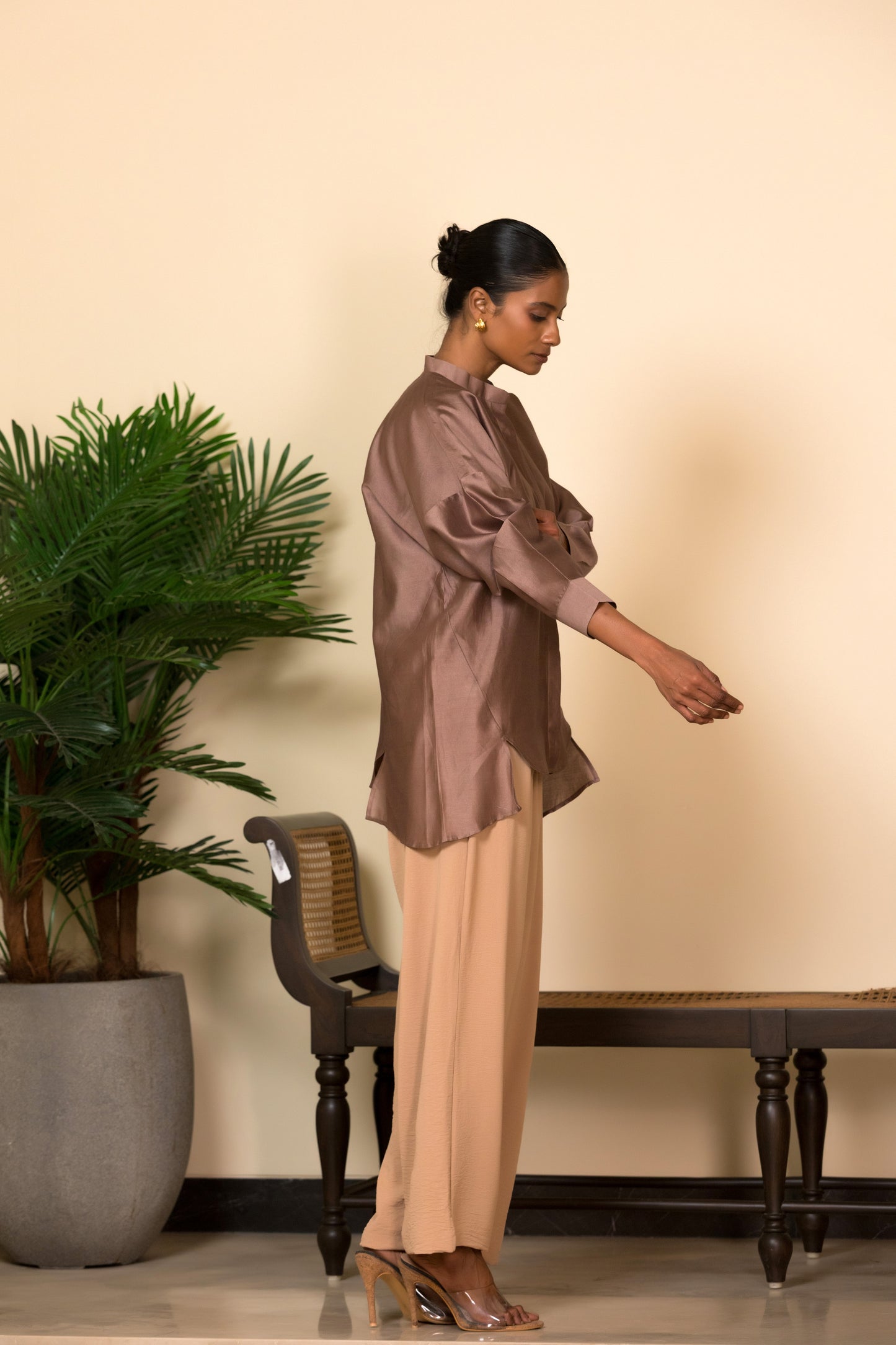 Eeda Silk Shirt with Gold Brocade Applique - Mauve